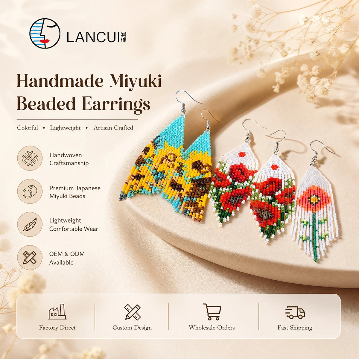 Lancui Handcrafted Bohemian Fringe Tiny Sunflower Red Blue Purple Flowers Seed Bead Earrings for Girls MegaBDM