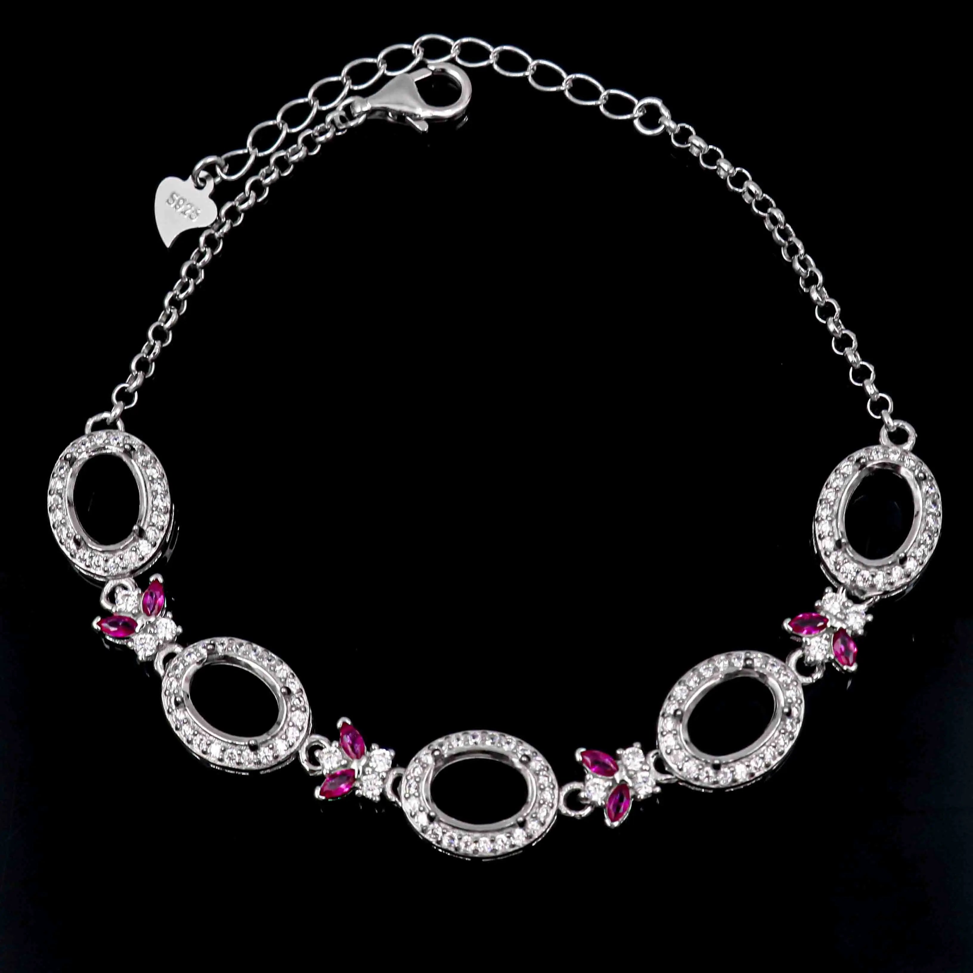 Sterling Silver 6*8mm Semi Mount Bracelet Empty Frame Blank Claws Setting S925 Base Holder Without Center Stone Inlay for DIY