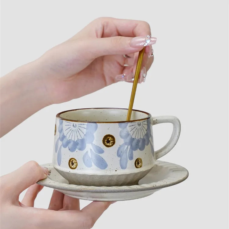 High-End Retro Ceramic Coffee Cup and Saucer Set Creative Stoneware Latte Art Mug Exquisite Household Stoneware Saucer