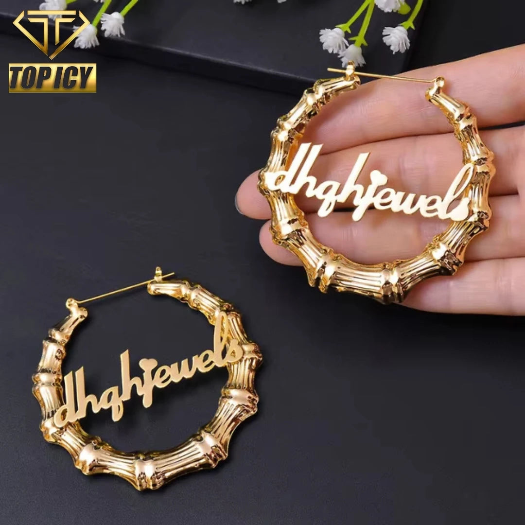 Wholesale Trendy Jewelry Custom Stainless Steel Bamboo Hoop Earrings for Women Personalized Name Letter Hip Hop Earrings
