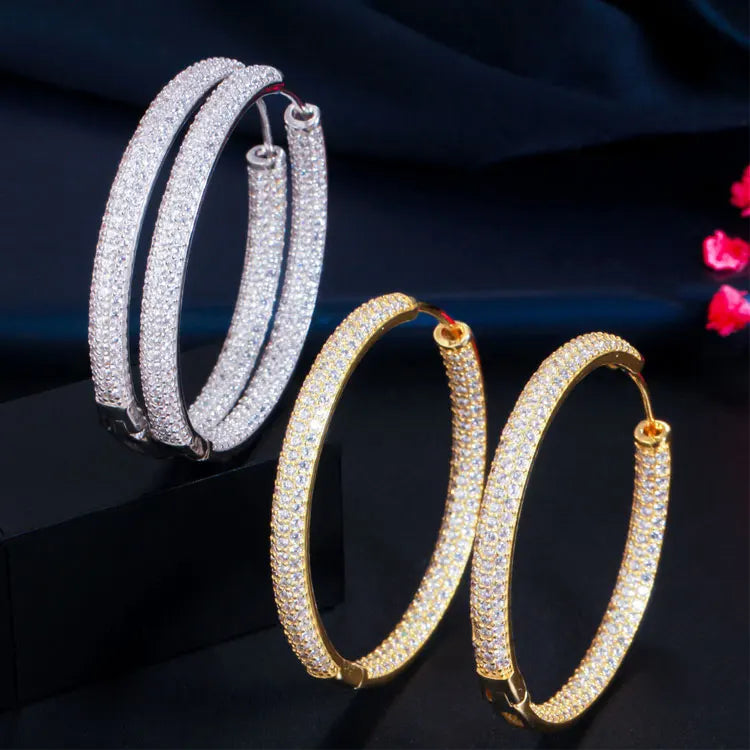 South American Style Shiny Full Diamond Bridal Earrings Women Luxury 18K Gold Plated Brass Inlay 3A Zircon Hoop Earrings Girls