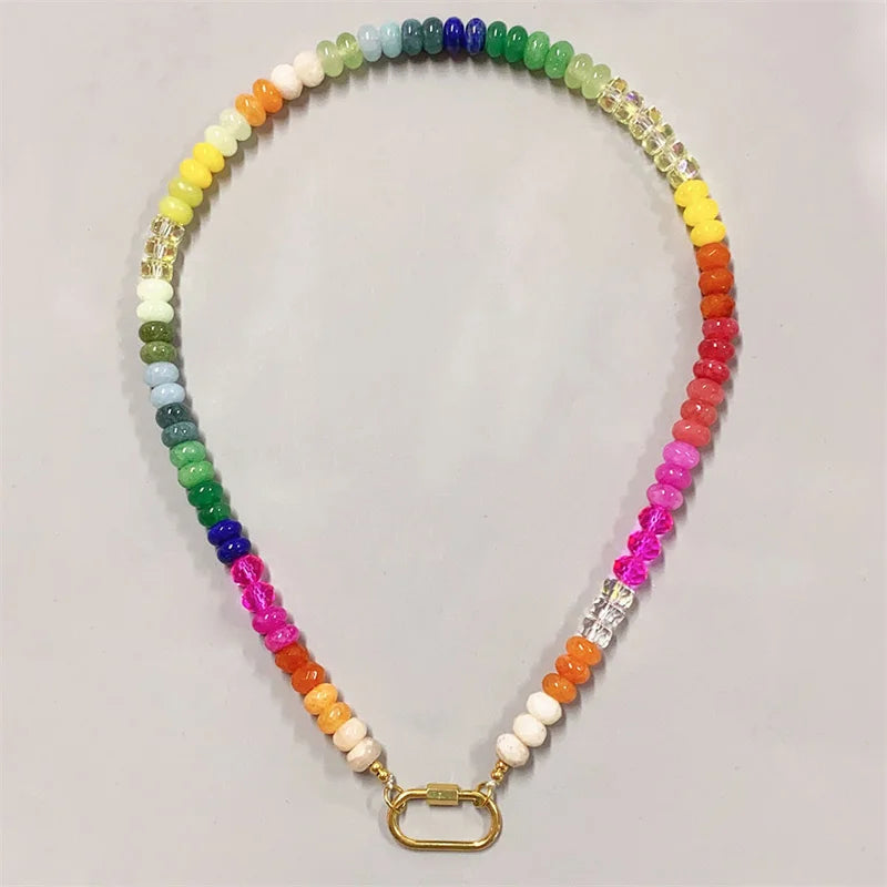 Stainless Steel Boho Style18k Gold rainbow Colorful Beaded Choker Necklace