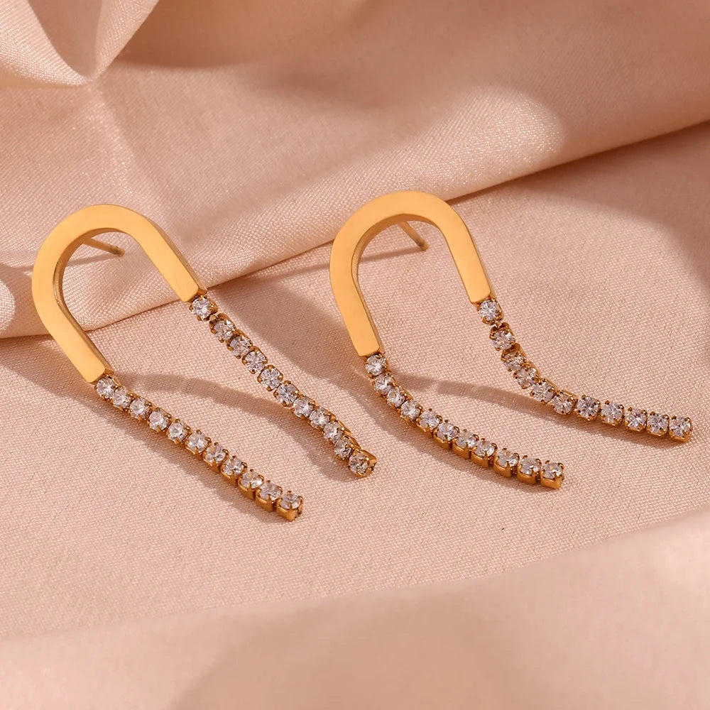 Dreamshow Zircon Tassel Earring U Shape Stainless Steel Tassel Earrings 18k Gold Plated Stud Earring