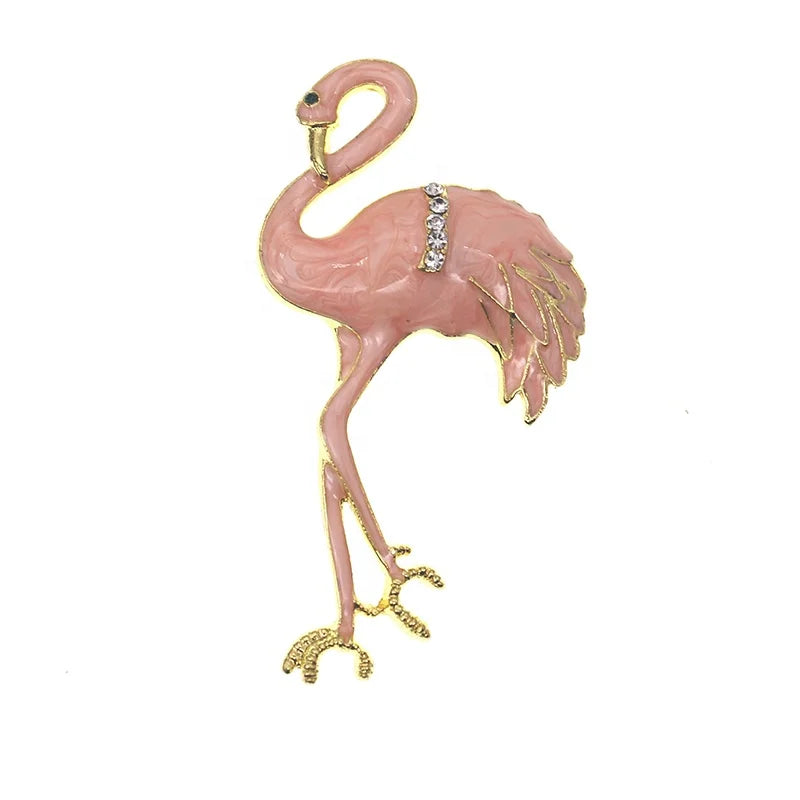 Wholesale Custom Pink Enamel Animal Rhinestone Flamingo Brooch Pin Bird Women Jewelry Making Gift Brooches