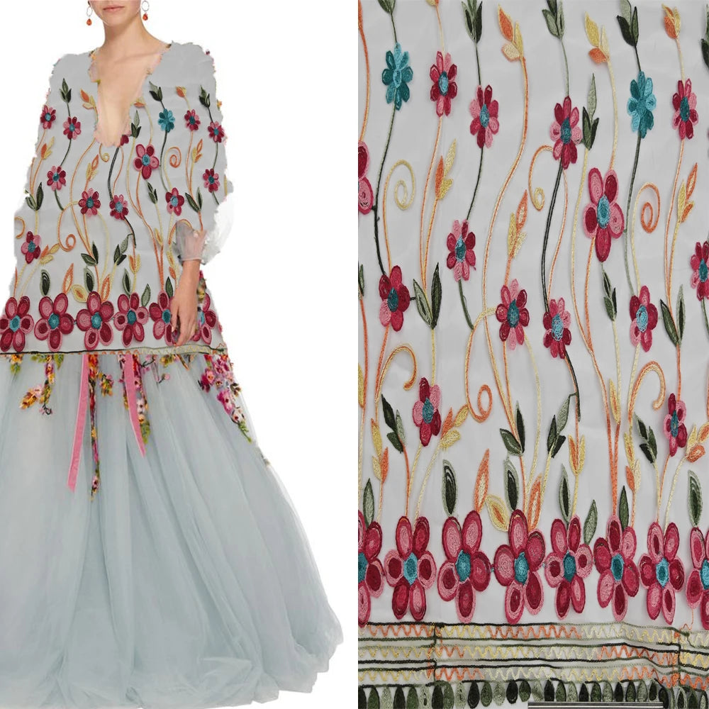New Design 3D Flower Embroidery Mesh Lace Fabric Multi Color French Tulle Lace Fabric for Women Dress