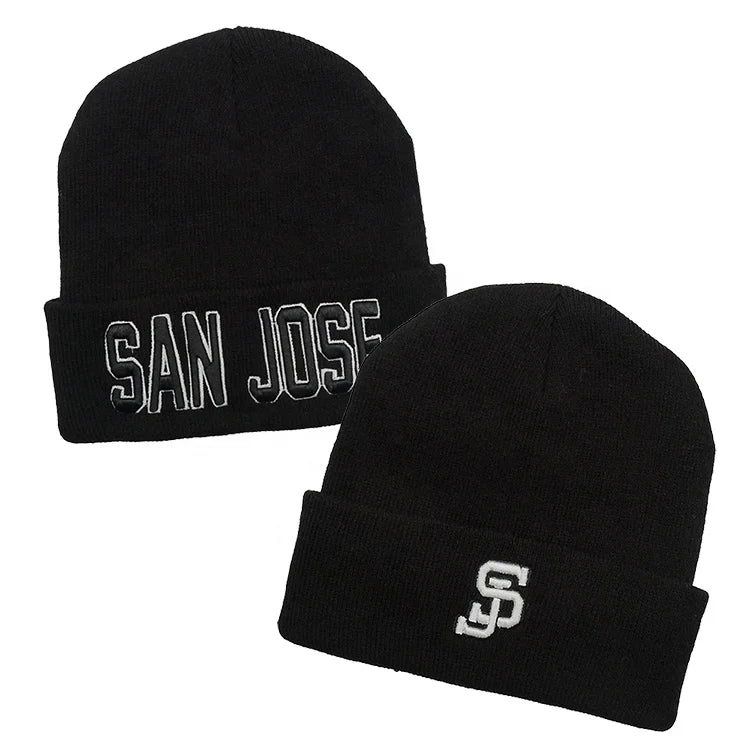 Wholesale High Quality Winter Acrylic Knit Beanie Toque with 3D Embroidered Logo San Jose Cuffed Cheap Skull Cap Beanie Hats