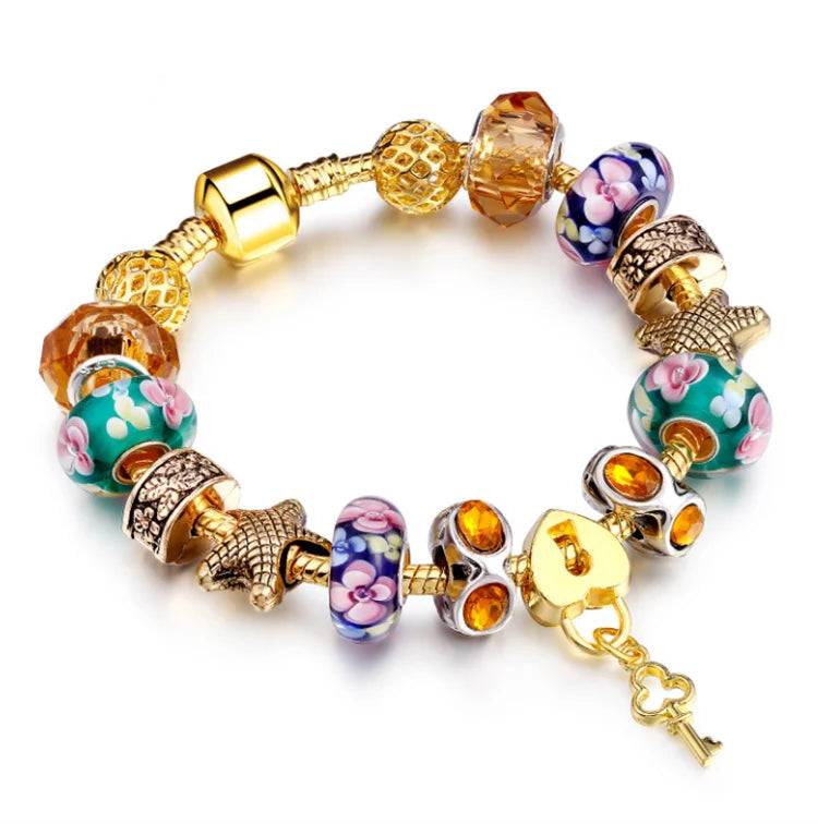 Valentine's Day Gift Idea Elegant Austrian Crystal Beaded Starfish Heart Kay Lock Bracelet Fashion Jewelry Charm Bracelet