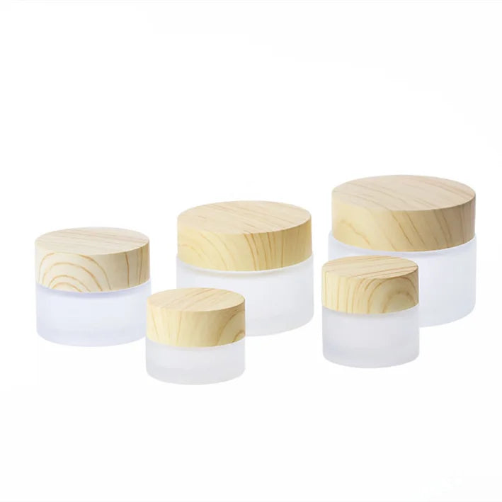Stock Bright Wood Grain Lid Glass Jar 30g 50g Frosted Matte Transparent Face Care Packaging Cosmetic Cream Jar