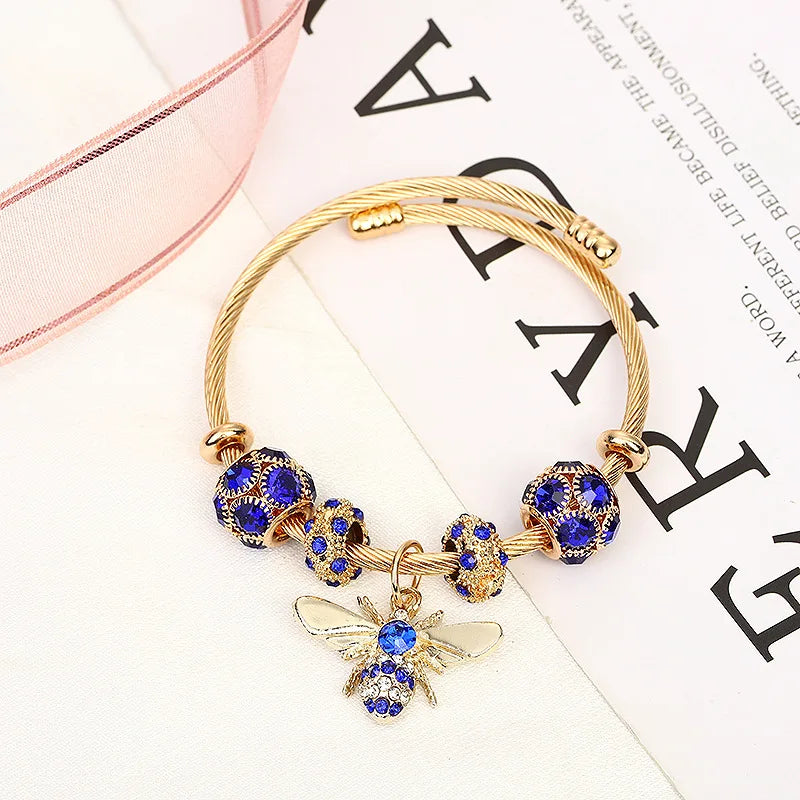 Hot Selling BEE Bracelet Classic Gold Plated Stainless Steel with Diamond and Bead Charm for Anniversaries