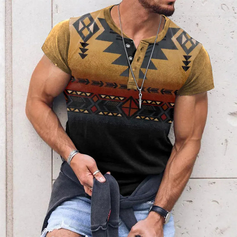 Wholesale Summer Western Style T Shirt Fashion Men's 3D Print Button Vintage Shirt