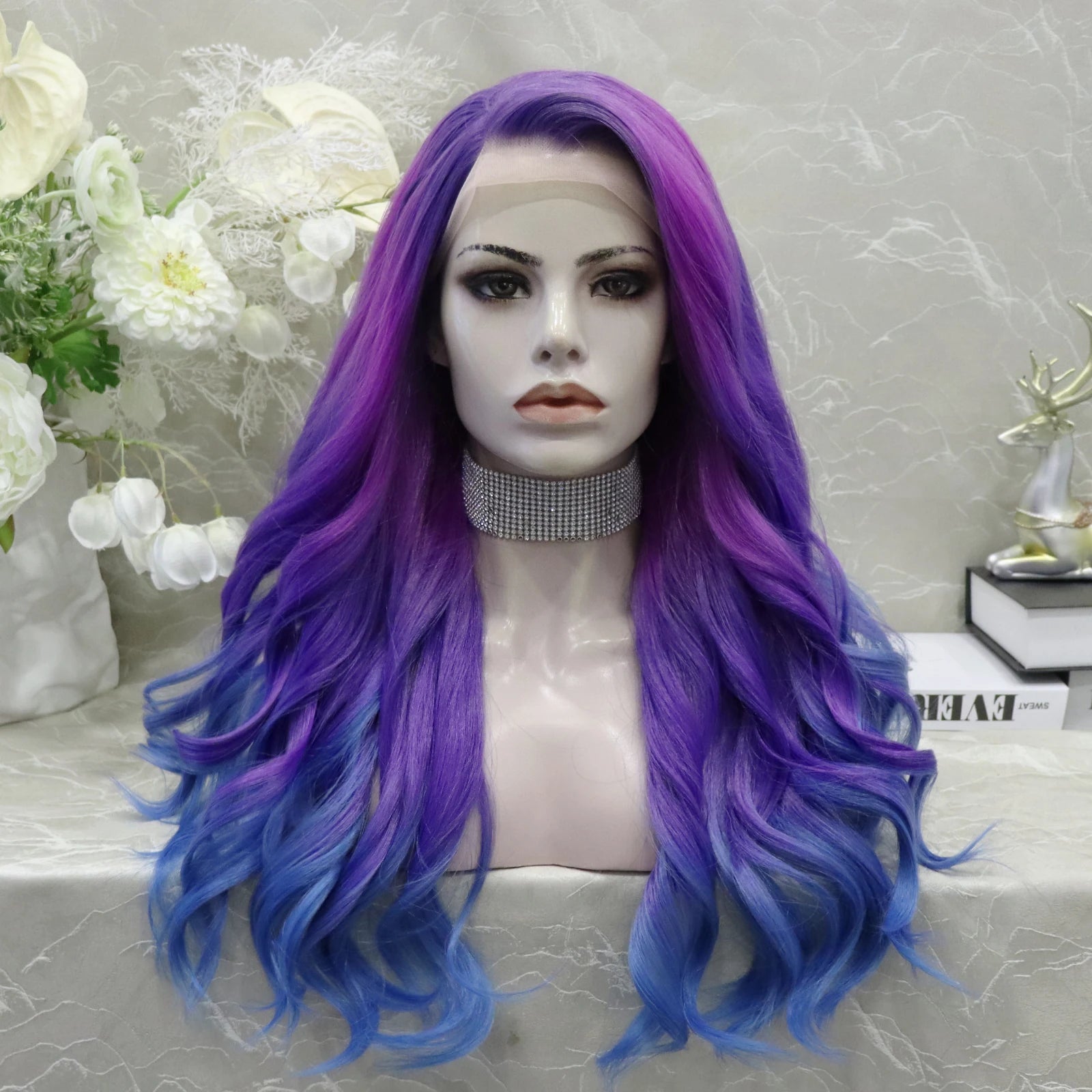 Celebrity Dark Rooted purple Colored Synthetic Lace Front Wig Volume Lace Font Wig Ombre Wig for Drag Queen Lace Wigs