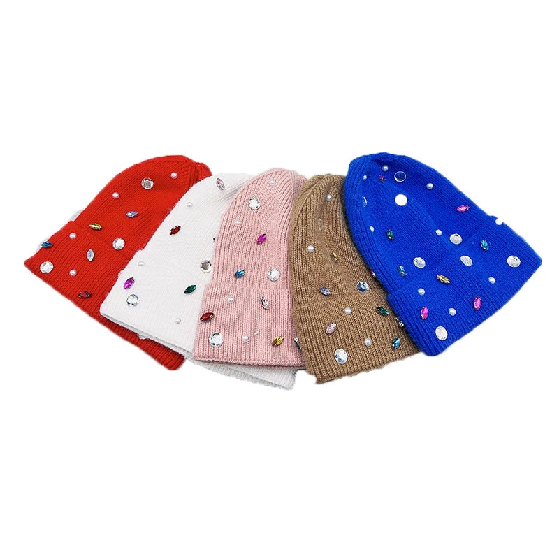 High Quality Custom Fresh Design Winter Hat Colorful Women Knitted Hat With Crystal Rhinestone Warm for Outdoors