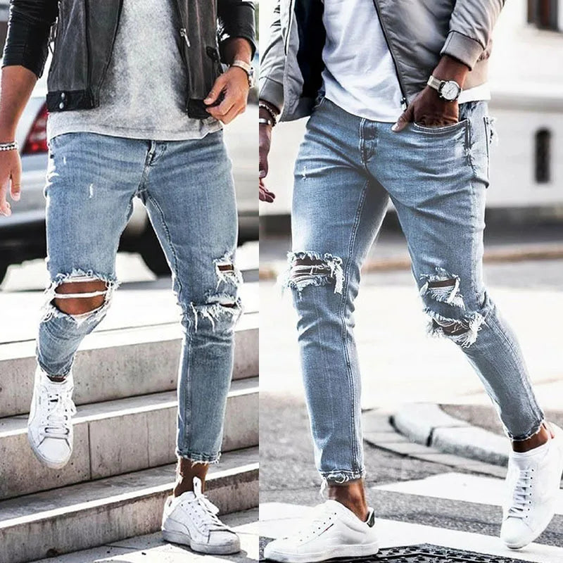 Autumn New Men's Denim Ripped Skinny Pants Elastic Long Jeans Slimming Pencil Style Knitted Casual Striped Print Solid Color