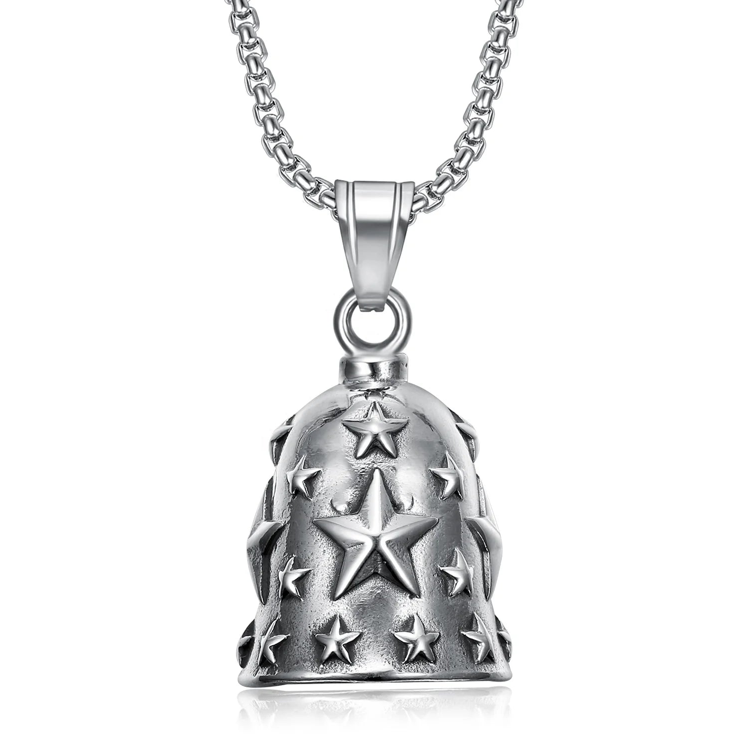 New Arrival 316 Stainless Steel Vintage Silver Star Shape Motorcycle Biker Key Ring Bell Pendants Necklaces