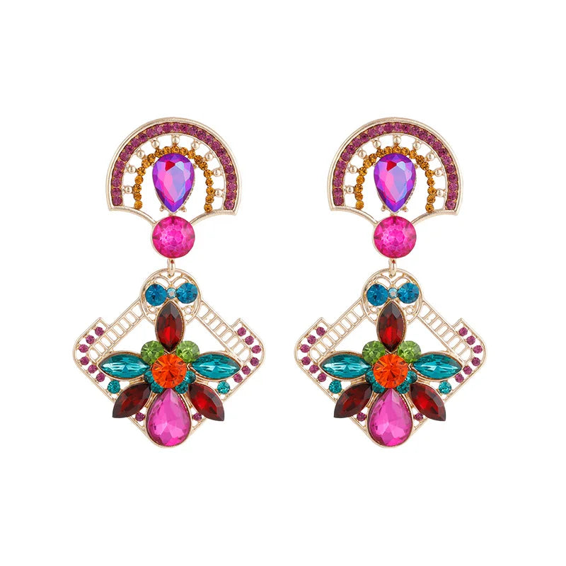 Fashion Diamond Square Drop Earrings Color Rhinestone Crystal Flower Geometric Earrings Jewelry