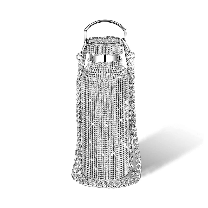 Diamond Water Bottle Bling Rhinestone Stainless Steel Thermal Insulated Water Bottle with Chain Diamond Water Bottle