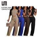 Liu Ming 2025 Women's 2-Piece Outfit Set High Waist Wide Leg Wrinkle Pants Crop Tank Top Pleated Spring Summer Casual Wear