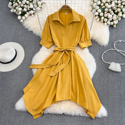 Summer New V-neck Waist Bow Tie Irregular A-line Dress  Evening Dresses