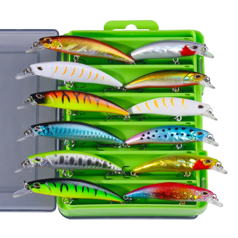 New Arrival Printed Lure Kit 12pcs Set Sinking Water Minnow Lures for Bass Shark Marlin & Carp with Double Lure Box