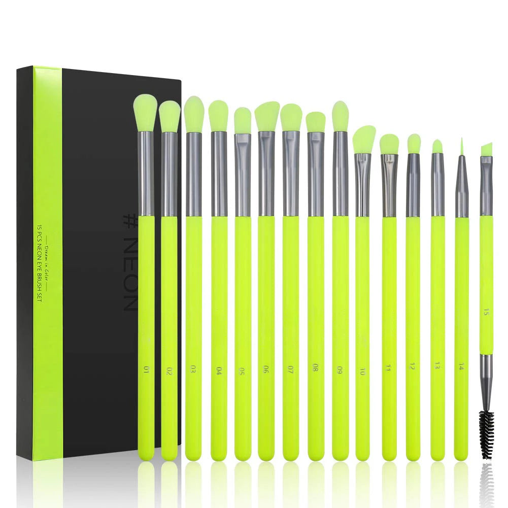 Professional 15Pcs Neon Green Makeup Brush Kit Blending Concealer Eyebrow Synthetic Makeup Brushes With Case Makeup Brush Set