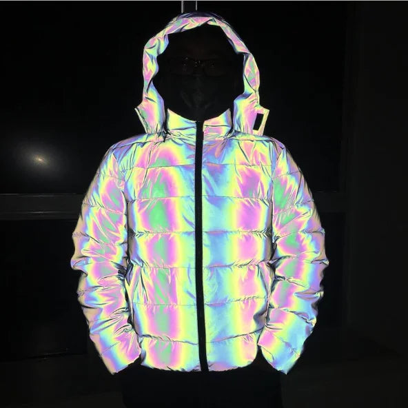 Bubble Bomber Reflective Shiny Padding Winter Thick Men 100% Polyester Shell Filling rainbow Color Puffer Unisex Hooded Jacket