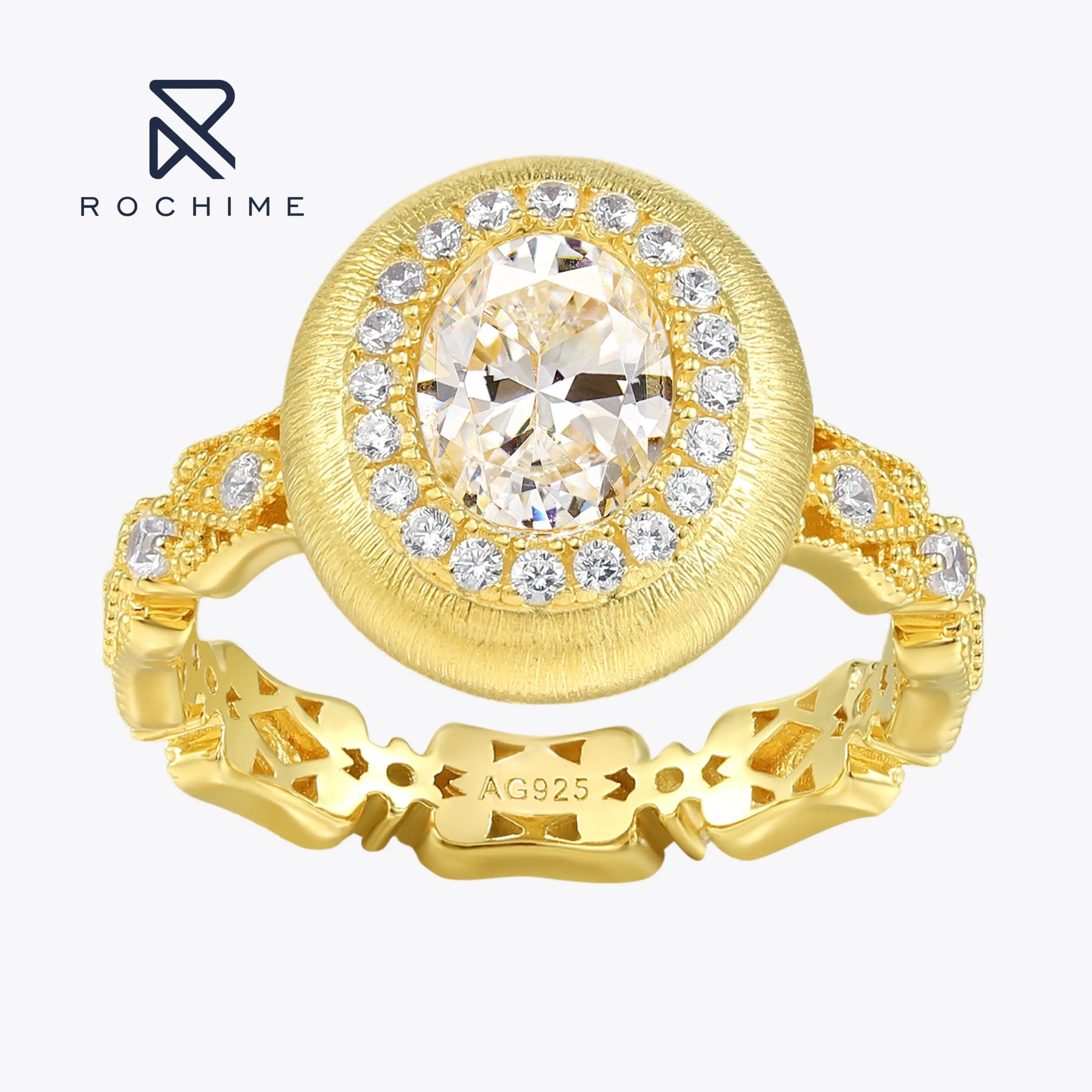 Rochime Vintage Brushed Oval Cut Luxury Ring 925 Sterling Silver Gold Plated Cubic Zirconia Rings for Women
