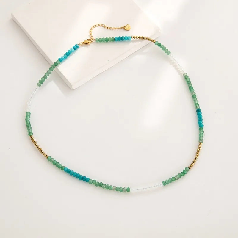 Trendy Natural Stone Necklace Green Aventurine Clear Crystal Beaded Necklace 18K Gold Plated Stainless Steel Jewelry for Women