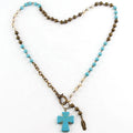 New Women Ethnic Jewelry 8mm Crystal Glass Bronze Beads Rosary Chain Necklace Alloy Feather Turquoise  Cross Pendant Necklaces