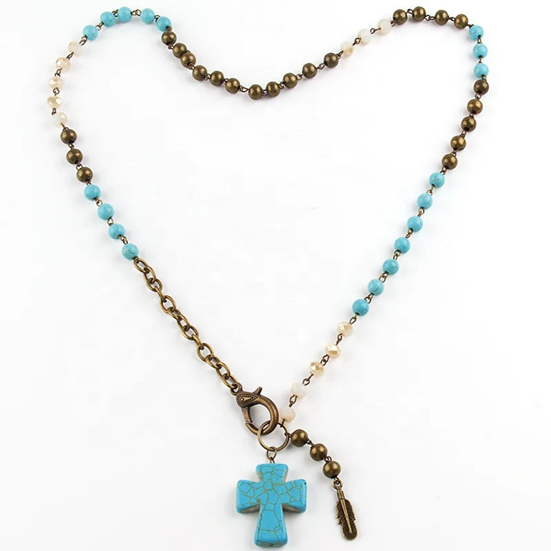 New Women Ethnic Jewelry 8mm Crystal Glass Bronze Beads Rosary Chain Necklace Alloy Feather Turquoise  Cross Pendant Necklaces