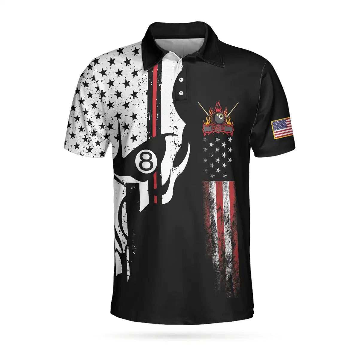 Wholesale Premium Custom Men's New Summer 8 Ball Pool USA Flag Print Short Sleeve Polo Shirt Billiards Casual Sport Top