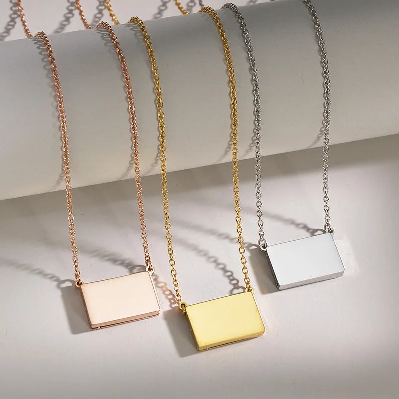 Custom Engraved Name Necklace Jewelry Personalized Stainless Steel Envelope Locket Pendant Necklace for Gift