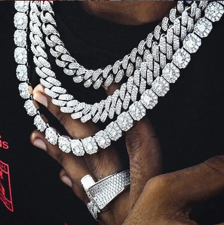 15mm Hip Hop Iced Out Bling Zircon Miami Cuban Link Chain Necklaces for Men's Fashion Jewelry 1 Set Drop Shipping