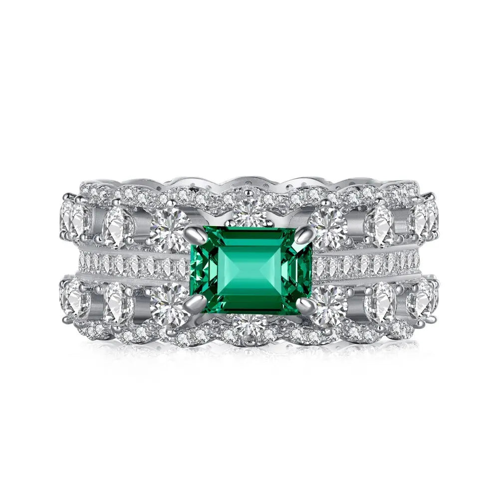 Premium Double Row Hollow Full Diamond Zircon Ring S925 Sterling Silver Emerald Diamond Ring for Women Girls