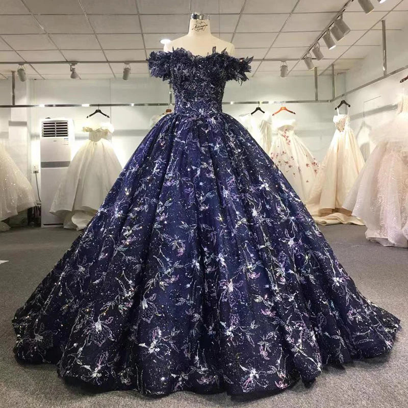 9776 Custom Plain Evening Dress Tube Top Feather Dark Blue Applique Elegant Plus Size Women Dress 4Xl 5Xl 6Xl 7Xl
