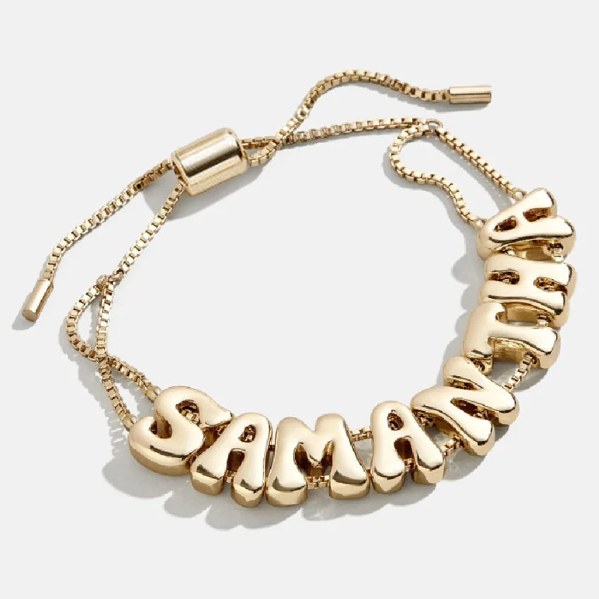 Customized Women's Fashion Bracelets Gold Plated DIY Brass Chain Slide Bubble Letter Charm Slide Charm for Personalized Style