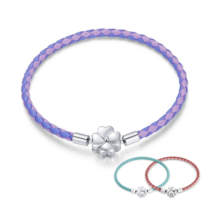 925 Sterling Silver Lucky Bracelet Three Color Real Leather Bracelet Clover European for Women DIY Fine Jewelry SCB214