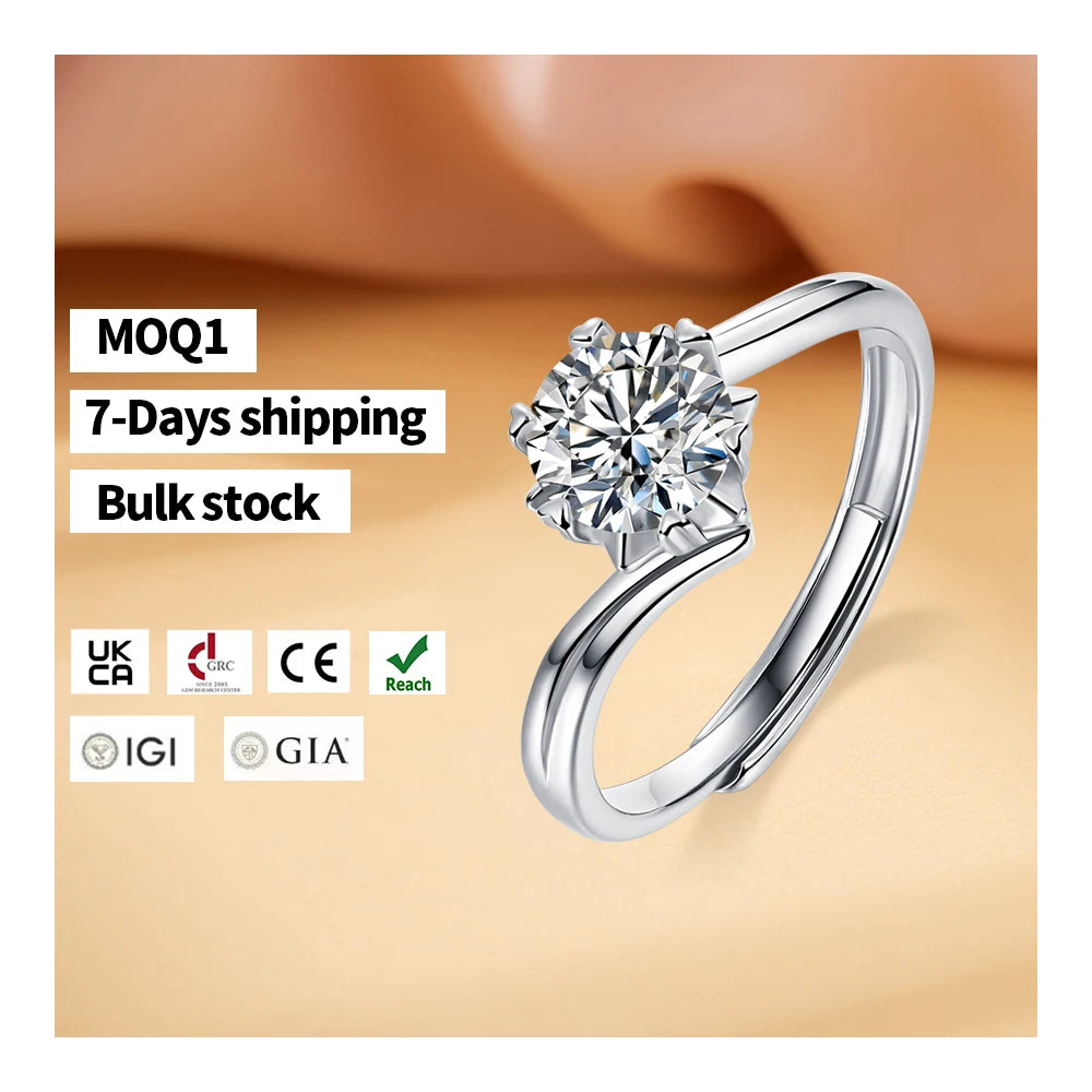 Free Design SHOREA Prong Set S925 Silver Plated White Gold Moissanite Twist Arm Snowflake Ring for Women