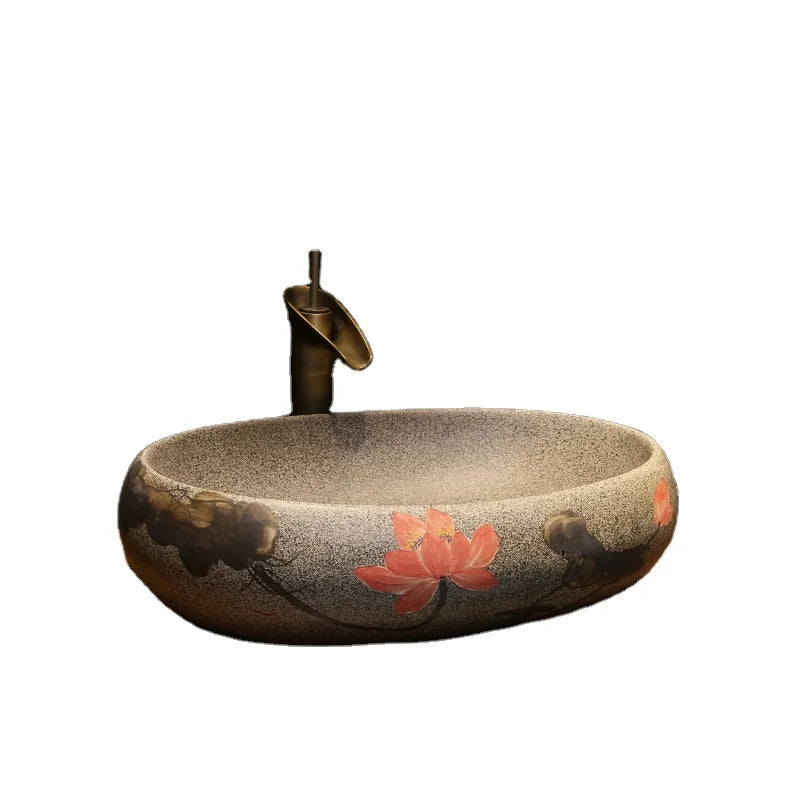 Wholesale lotus flower pattern basin sinks for bathroom porcelain sanitary ware counter top oval wash hand basin