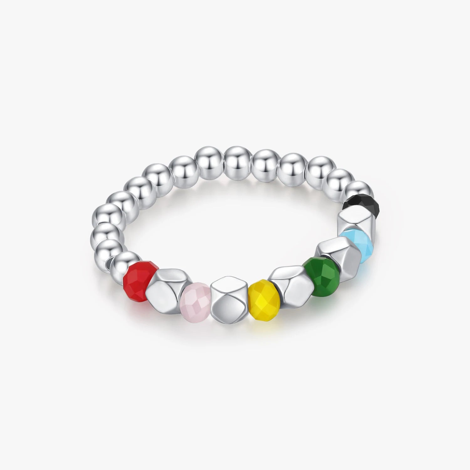Trendy Block Exquisite Adjustable Finger Rings for Women Fine Jewelry 925 Sterling Silver Rainbow Colorful Beads Ring