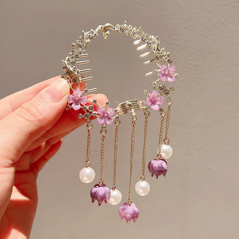 Light Luxury Amethyst Flower Tassel Long Crystal Rhinestone Hair Claw Clip Girls for Thick Hair Ponytails Pearl Hair Claw