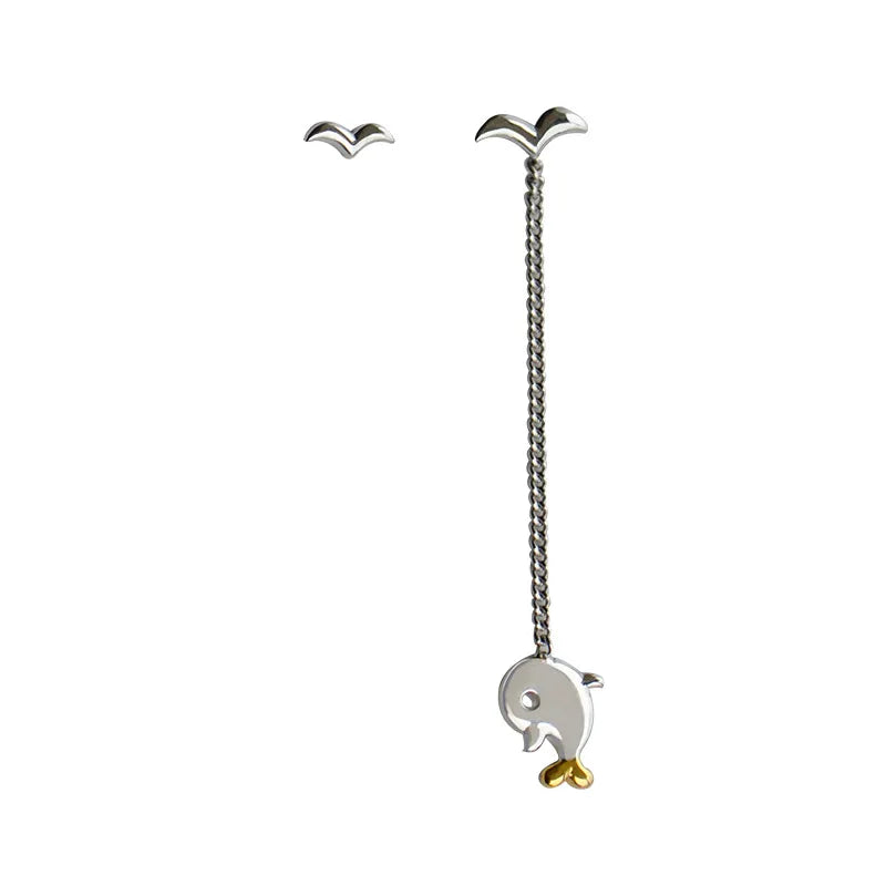 925 Silver Trendy Dolphin Asymmetry Stud Earrings for Women Engagement Anniversary Party Wedding Gift Jewelry
