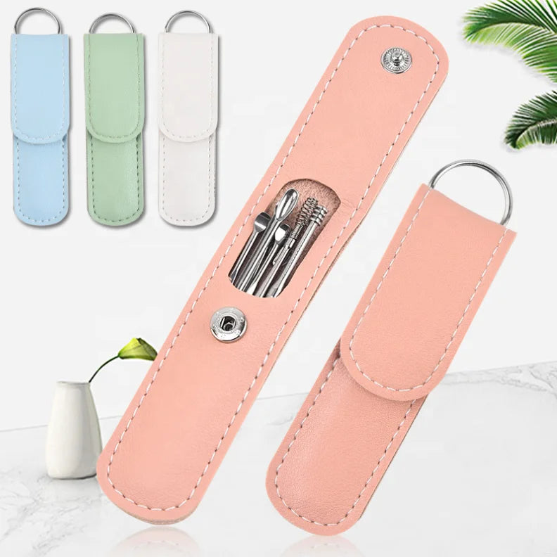 Portable Earwax Cleaner Tool Set Leather Cover Ear Picking Tool Organizer Stainless Steel Ear Cleaner Ear Pick Storage Case Bag