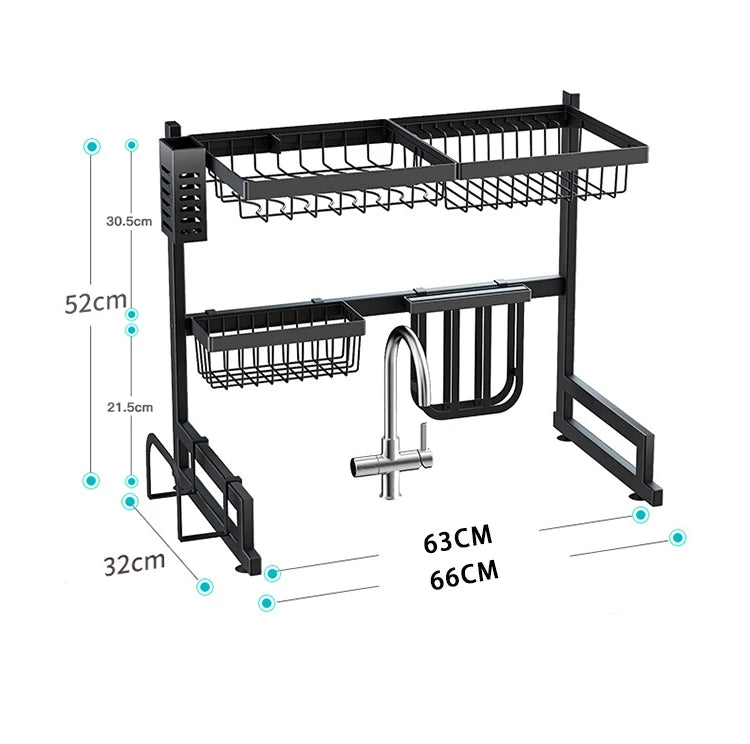 66 CM Double Tier Carbon Steel Eco-friendly Powder Coated Multifunction Storage Shelf Over the Sink Dish Drying Rack for Kitchen