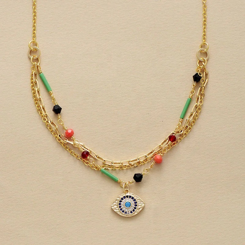 Gold Plated Handmade Brass Link Multi-Strand Rhinestone Eye Charm Necklaces Bohemian Style Jewelry Weddings Anniversaries Gifts