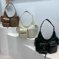 Multi-pocket Motorcycle Underarm Bag Soft PU Shoulder Handbag for Women