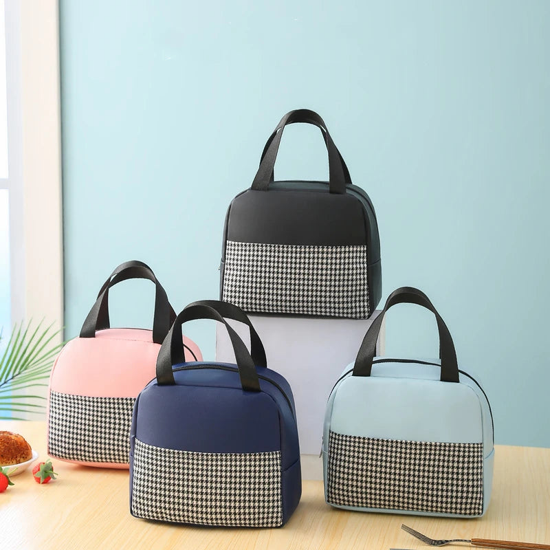 Factory Wholesale Portable Durable Pu Houndstooth Printing Insulation Lunch Bag Waterproof Tote Cooler Box for School and Office