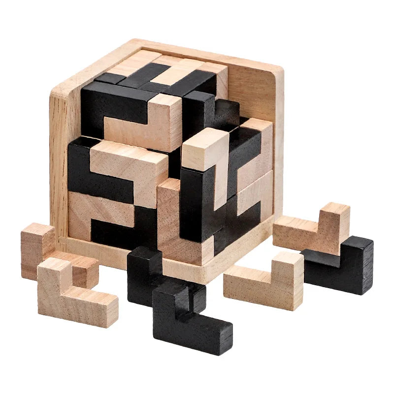 3D Wooden Cube Brain Teaser Puzzle Set Interlocking Educational Early Learning Toy for Kids Enhances Hand-eye Coordination Game