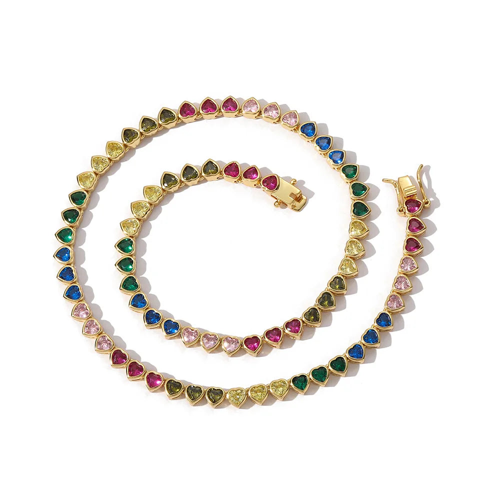 Stocks 4MM Mixed Color Heart Cz Brass 1 Row Tennis Chain Woman Necklace