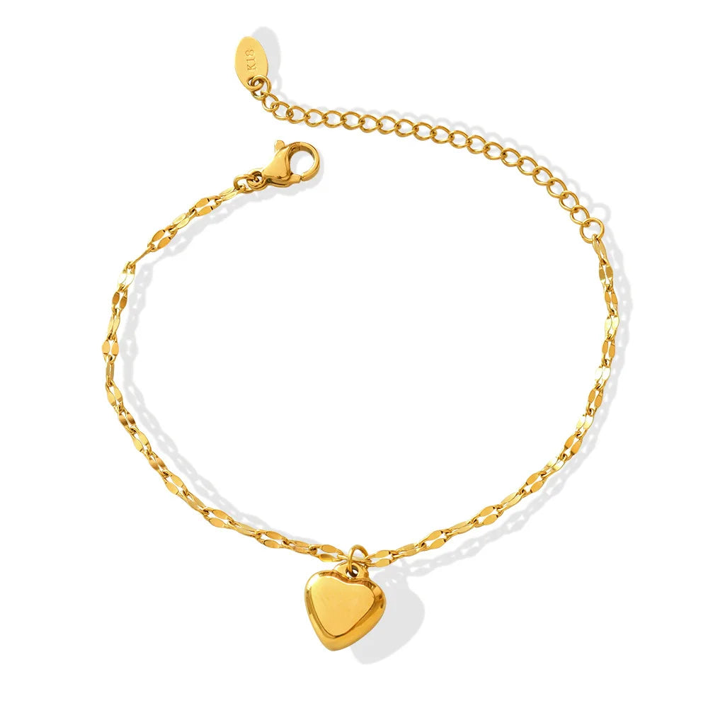 Fenny Wholesale 18K PVD Gold Plated No Fade Dainty Heart Pendant Mixed Chain Stainless Steel Jewelry Bracelet Trendy for Women