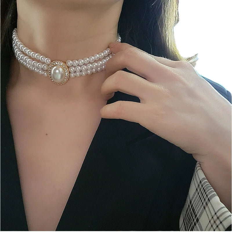 Vintage Elegant Multi Layer Pearl Beaded Necklace Baroque Pearl Crystal Rhinestone Oval Charm Necklaces for Lady